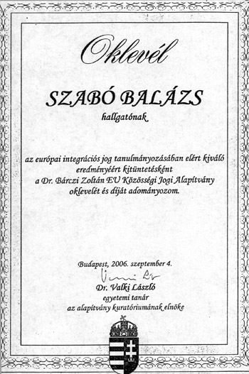 Dr Szabó Balázs Oklevél